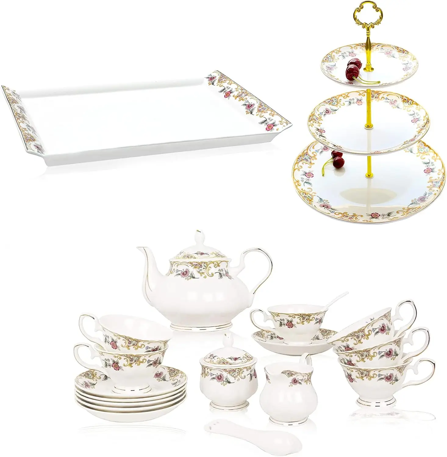 

Bone China Tea Set and 3-Tier Serving Stand with Tray, 21-Piece English Tea Cups Set of 6 Porcelain Tea Set with Teapot