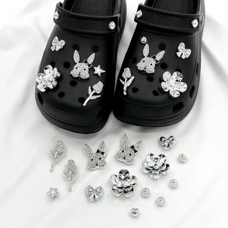 Silver Rhinestone Bunny Flower Shoe Charms for Clog Shoes Butterfly Leaf DIY Decoration Accessories for Garden Sandals