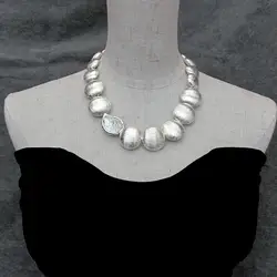 YYGEM Freshwater White Coin Pearl 27x33mm Silver Color Brushed Coin Bead Graduated Necklace