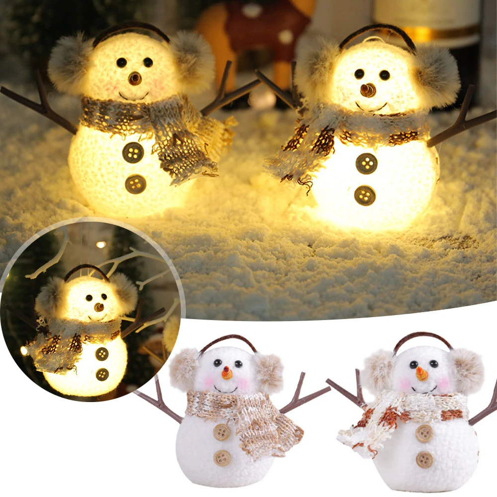 2023 Christmas Glowing Little Snowman Ornament Plaid Striped Scarf Doll Children’s Home Table Christmas Decoration New Year Gift