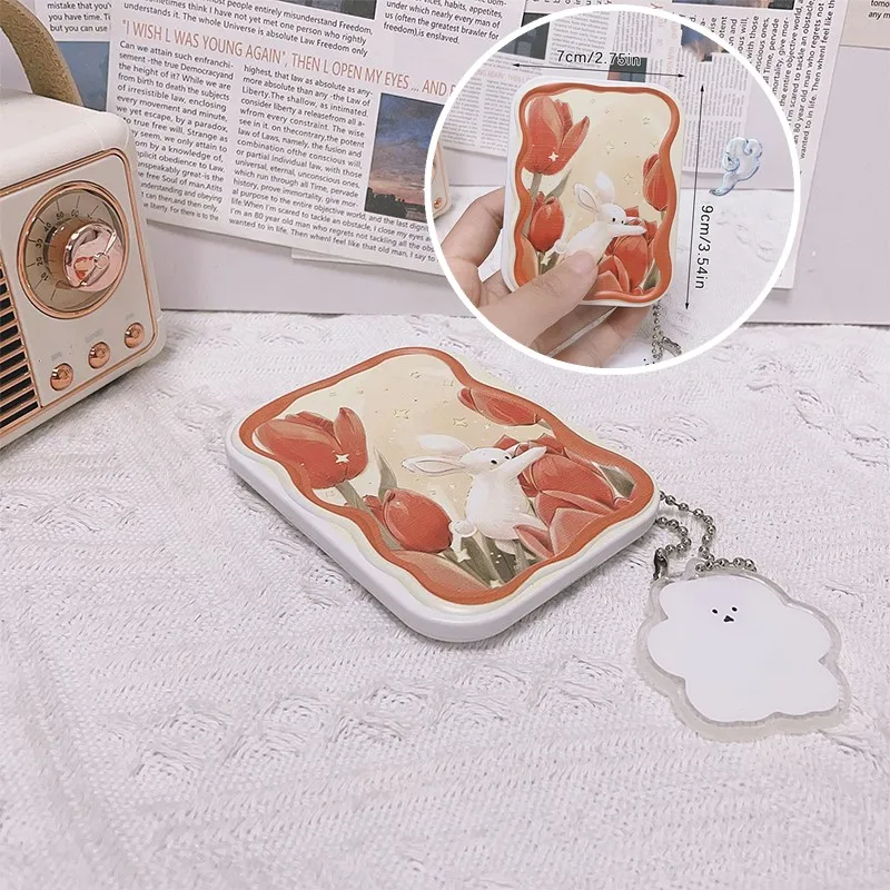1 pz Fiore Coniglio Flip-Top Specchio per il trucco pieghevole Specchi tascabili portatili Specchio cosmetico rettangolare con pettine Donne Ragazze