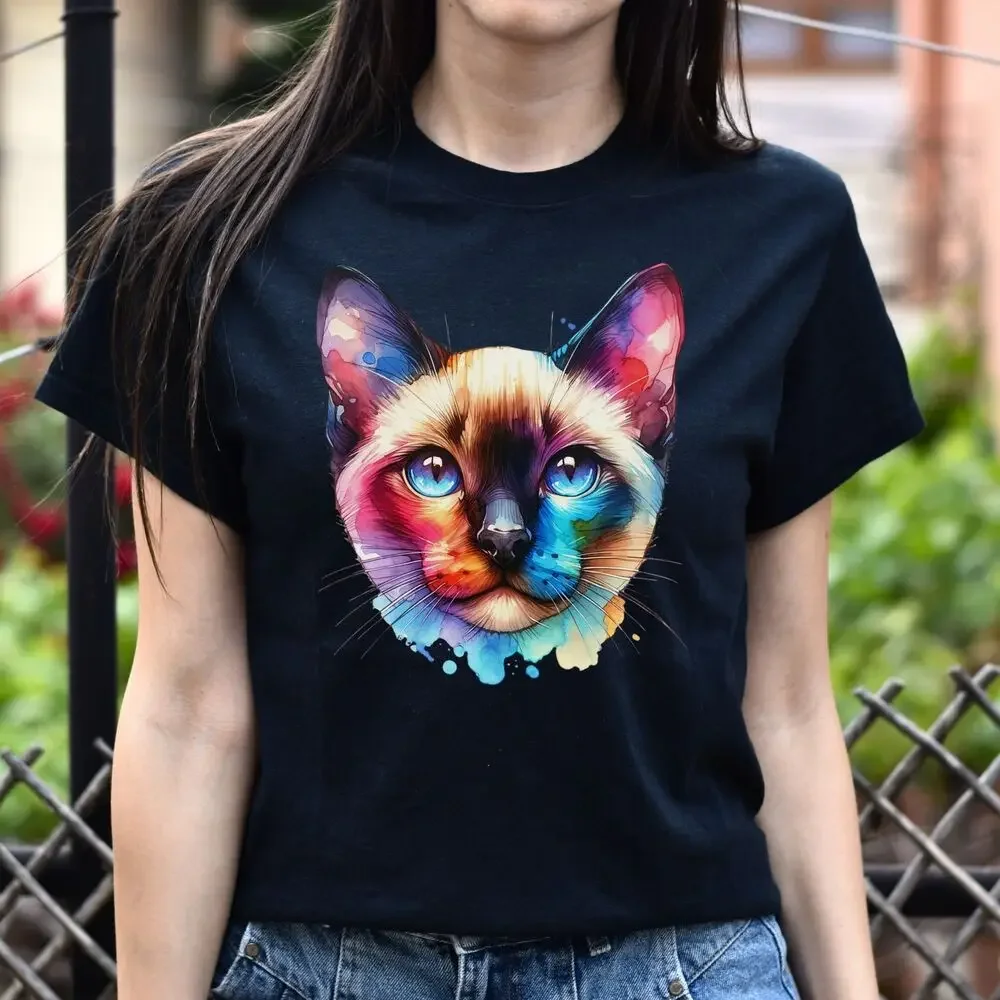 Siamese Cat Color Splash Unisex T-Shirt Black Navy Dark Heather tops Unisex Summer Short Sleeve