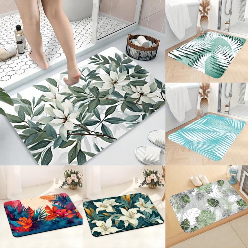 Lily Leaf Pattern Print Bath Mat Super Absorbent Non-Slip Living Room Bathroom Carpet Kitchen Porch Entrance Rug Home Decoration