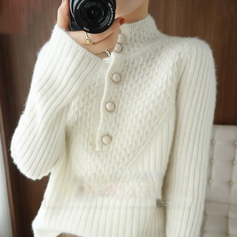 Striped Half High Collar Women Cashmere Sweater Fashion Thicken Warm Casual Sweater 2023 New Autumn Winter Bottom Knit Sweater