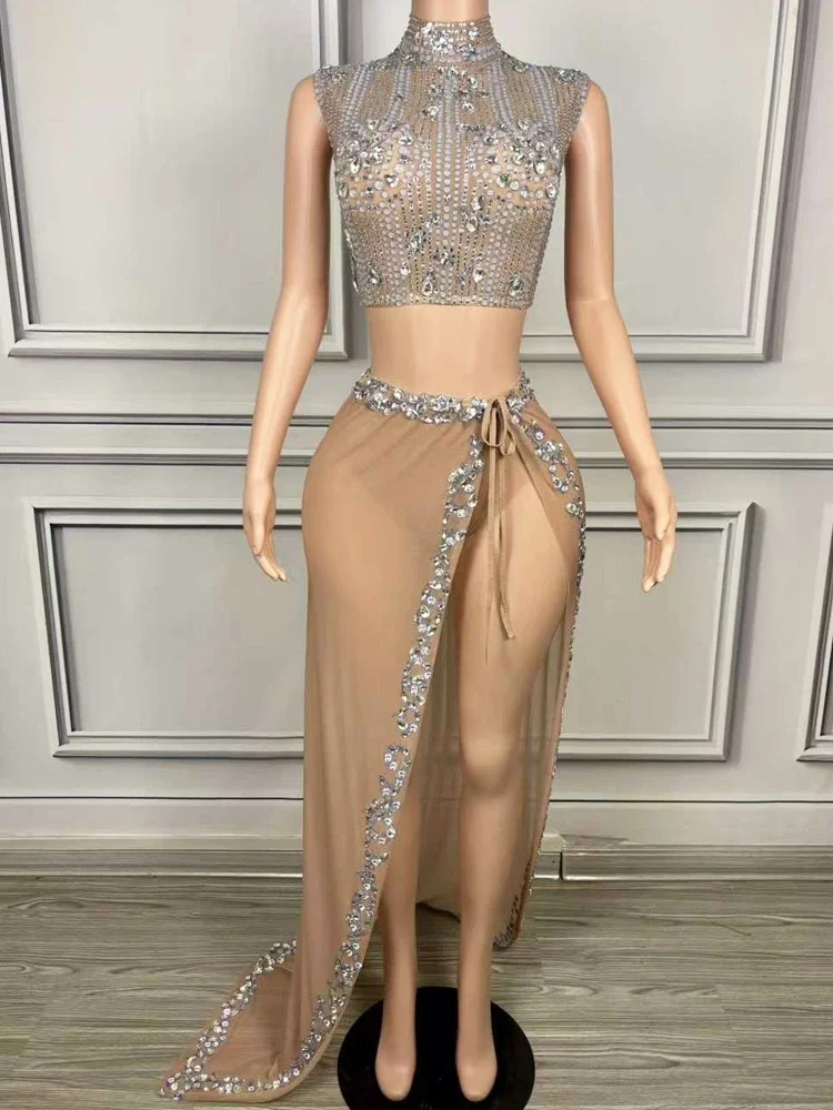 Luxury Crystals Women Long Two Piece Set Dress Sexy See Through Mesh Sleeveless Strap Evening Party Wear Club Stage Costume