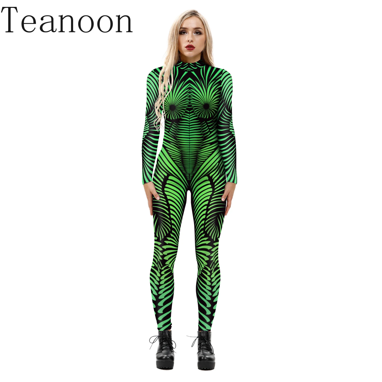 Teanoon Verde Nativo Costume Cosplay di Halloween Donna Adulta Zentai Body Party Show Elastico Vestito Stretto Festival Jumpsui