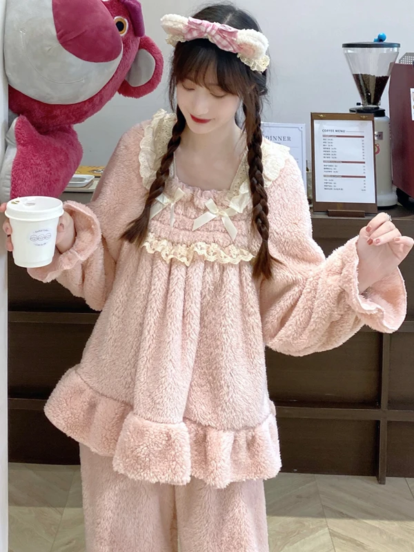Winter Coral Fce Spwear Women\'s Cute Lace Long Sve Thi Plu Home Clothes Sweet Sle Loose Fit Comfortable Soft