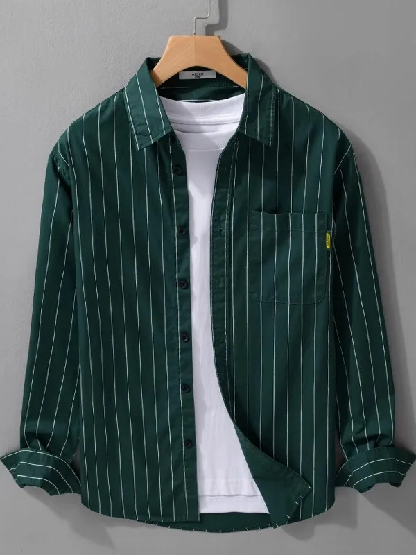 

Spring Autumn Men's Striped Long Sve Loose Casual irt Trendy Youth Versatile Polyester Fiber UV Protection Stand Fit