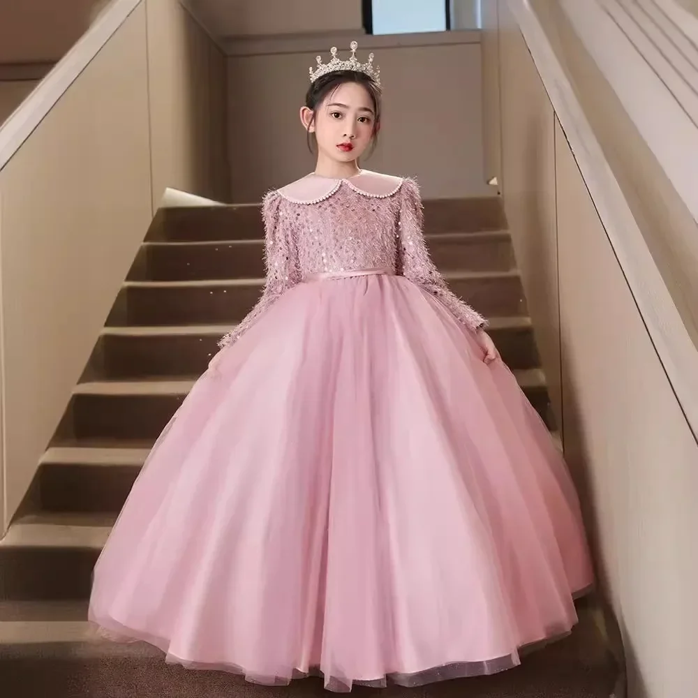 Customized Princess Robe Piano Performance Flower Girls Dress Niche Evening Dress Pink Birthday Party Princess Dress Long Sleeve