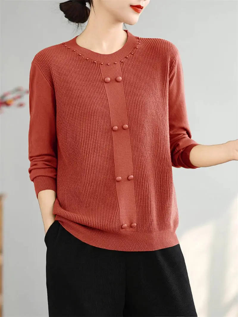 Simple Casual Solid Color Versatile Pit Stripe Long Sleeved Knitted Sweater Commuting Comfort Loose Round Neck Pullover Top A018
