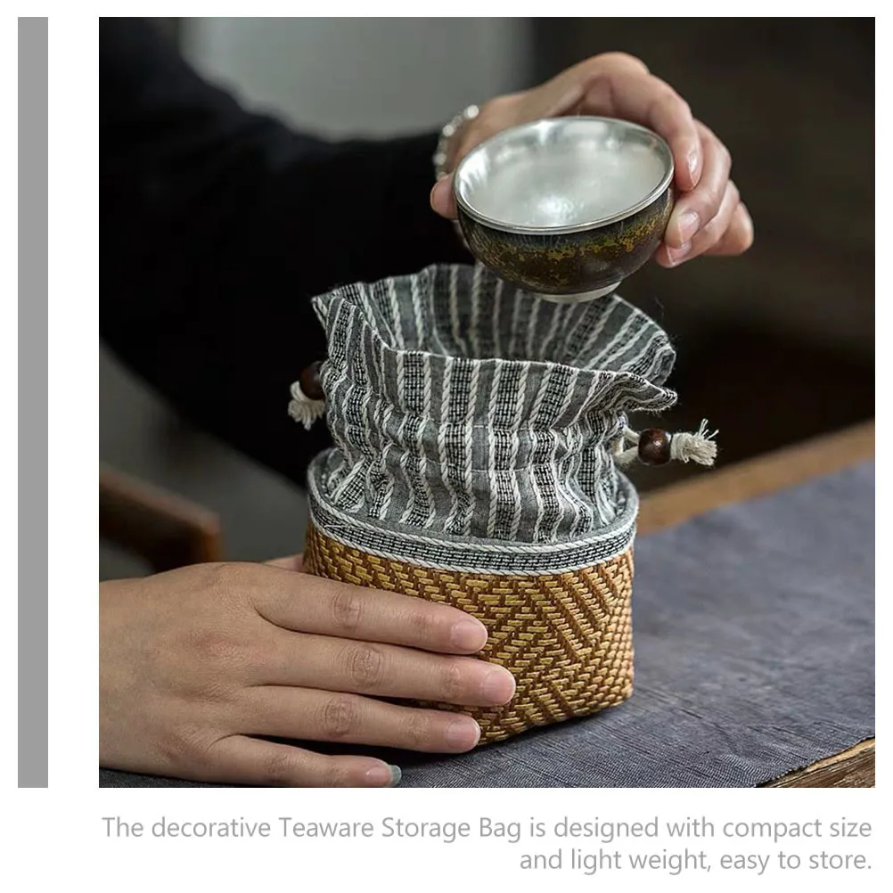 

Portable Tea Set Storage Bag Cotton Linen Drawstring Tea Cup Holder Padded Travel Teacup Carrying Pouch Multi-Function Teaware