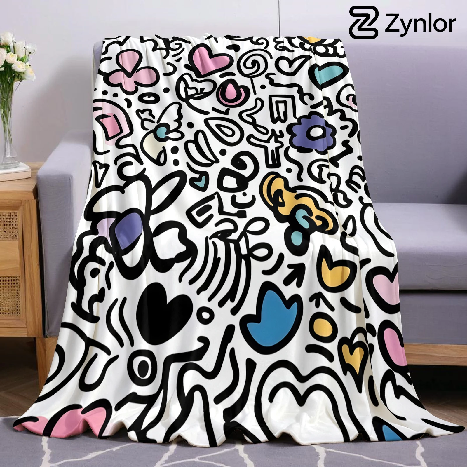 Doodle Heart Floral Cartoon Anime Print Flannel Blanket Soft Warm Throw for Kids Bedroom Sofa Bed Christmas Office Car