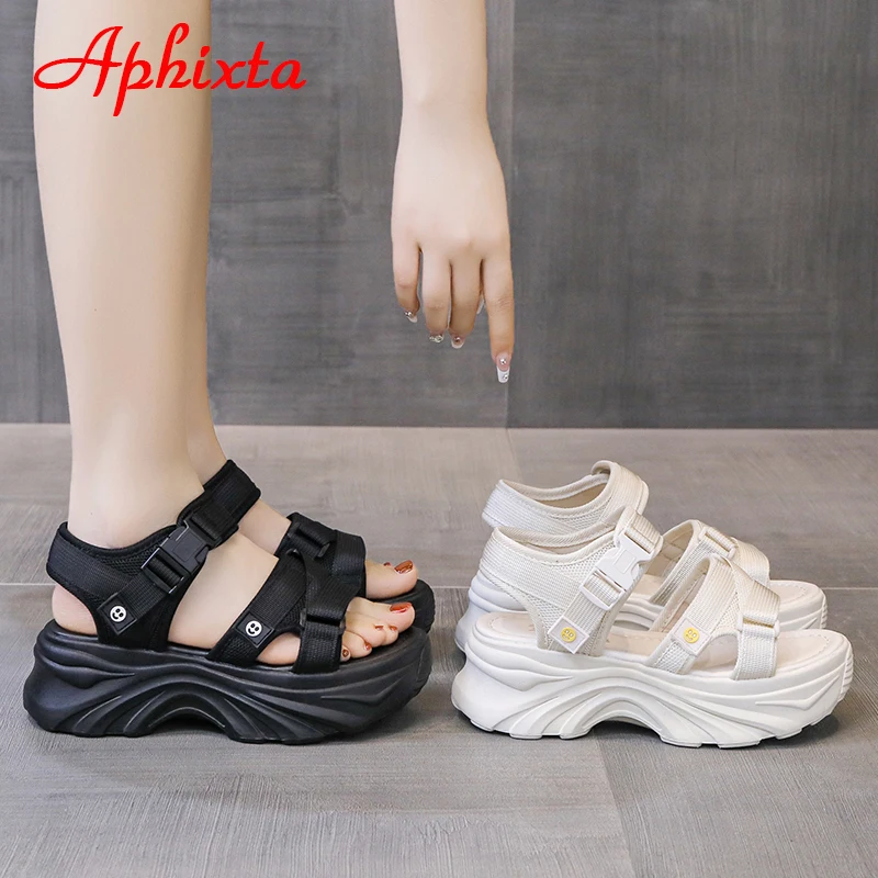 Aphixta 2023 Buckle Height Increaming Canvas 6.5cm Wedge Heel Platfom Sandals Women Shoes Black Thick Bottom Slides