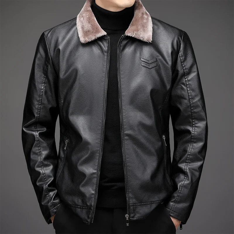 

Мужская утолщенная флисовая кожаная куртка, мужская осенне-зимняя облегающая рабочая одежда, кожаные куртки, мужская мода, пальто на молнии с длинным рукавом