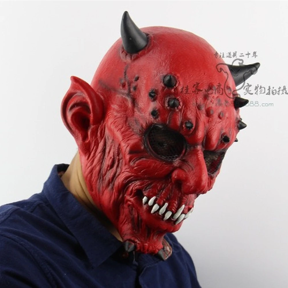 Satan Devil Latex Masks, Red Hell Demon with Ox Horn, Horror Mask, Halloween Masquerade Party, Bar