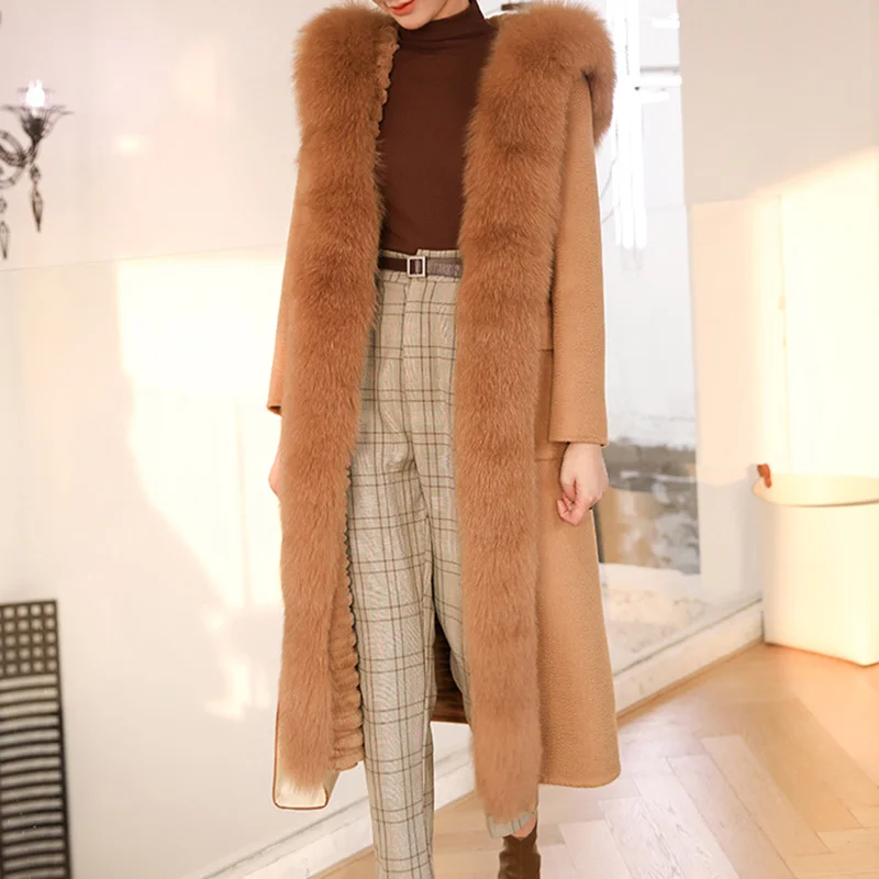 2024 Women's Luxury Winter Wool Coat Real Rex Rabbit Fur Lining Thick Warm Fox Fur Trim Trench Coat