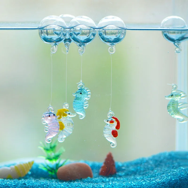 Camal 1PCS Floating Glass Bubble Ball With Luminous 28mm Seahorse Mini Figurine Pendant Aquarium Fish Tank Landscaping Decor