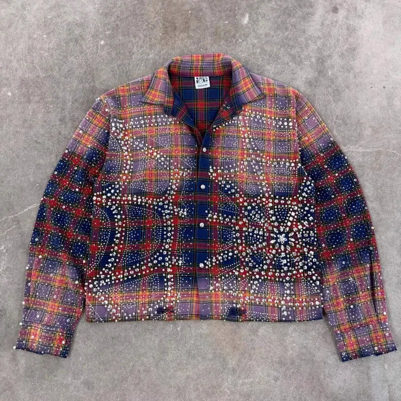 MWJLPWQ American Rhinestone-Embellished Long-Sleeve Shirt Men's Tide Ins Street Hip-Hop Rap Plaid Loose Shirt 2026 Autumn 17508