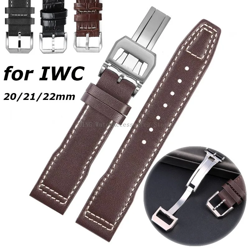 for IWC Pilot Mark 327004/377714 Genuine Leather Strap Cowhide Smartwatch WristBand Folding Buckle Women Men Bracelet 20/21/22mm