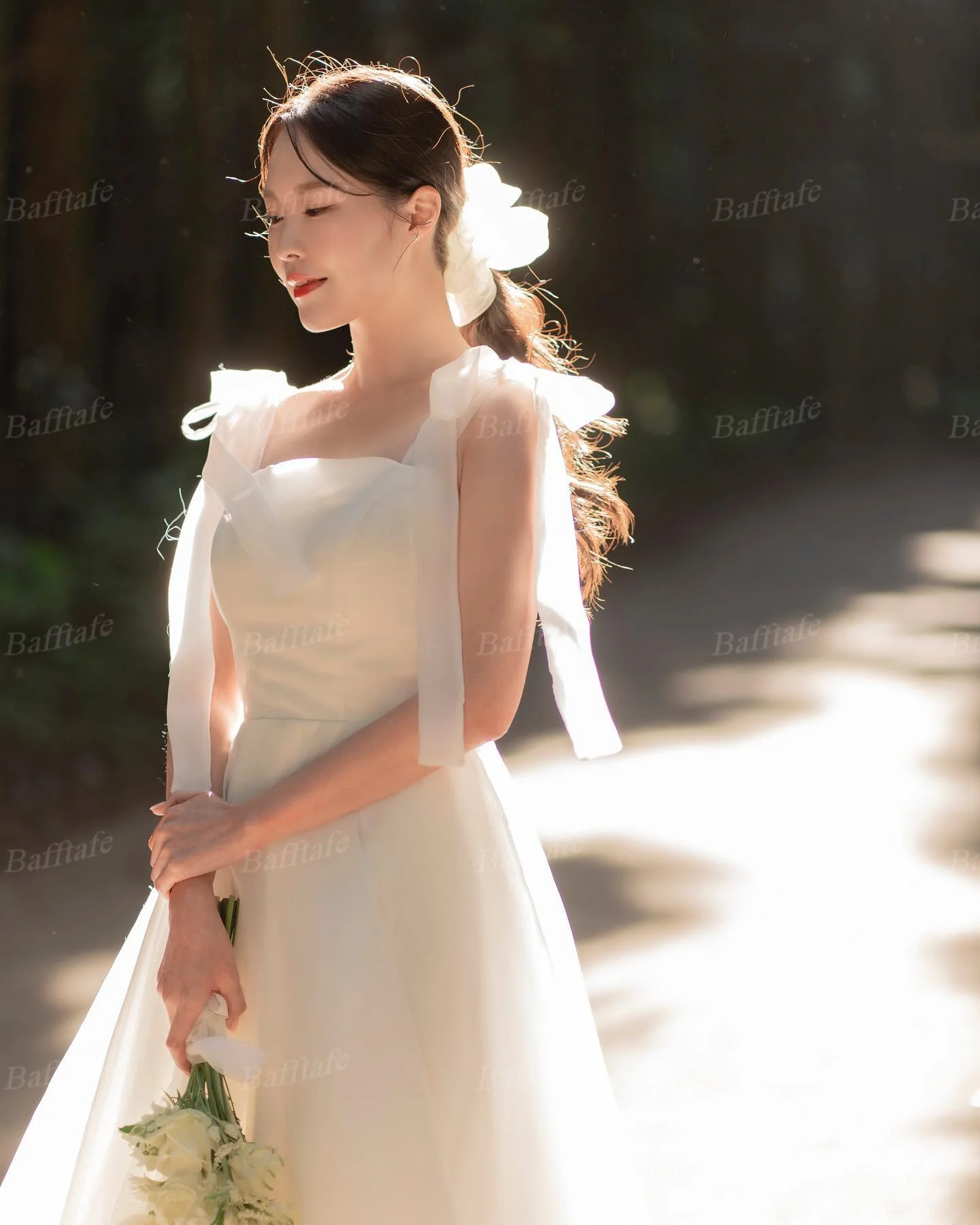 Bafftafe Maßgeschneiderte Korea Organza Brautkleider, abgestufte Träger, Schnürung, Braut, formelle Party, Hochzeit, Fotografie, lange Brautkleider – Detail 1