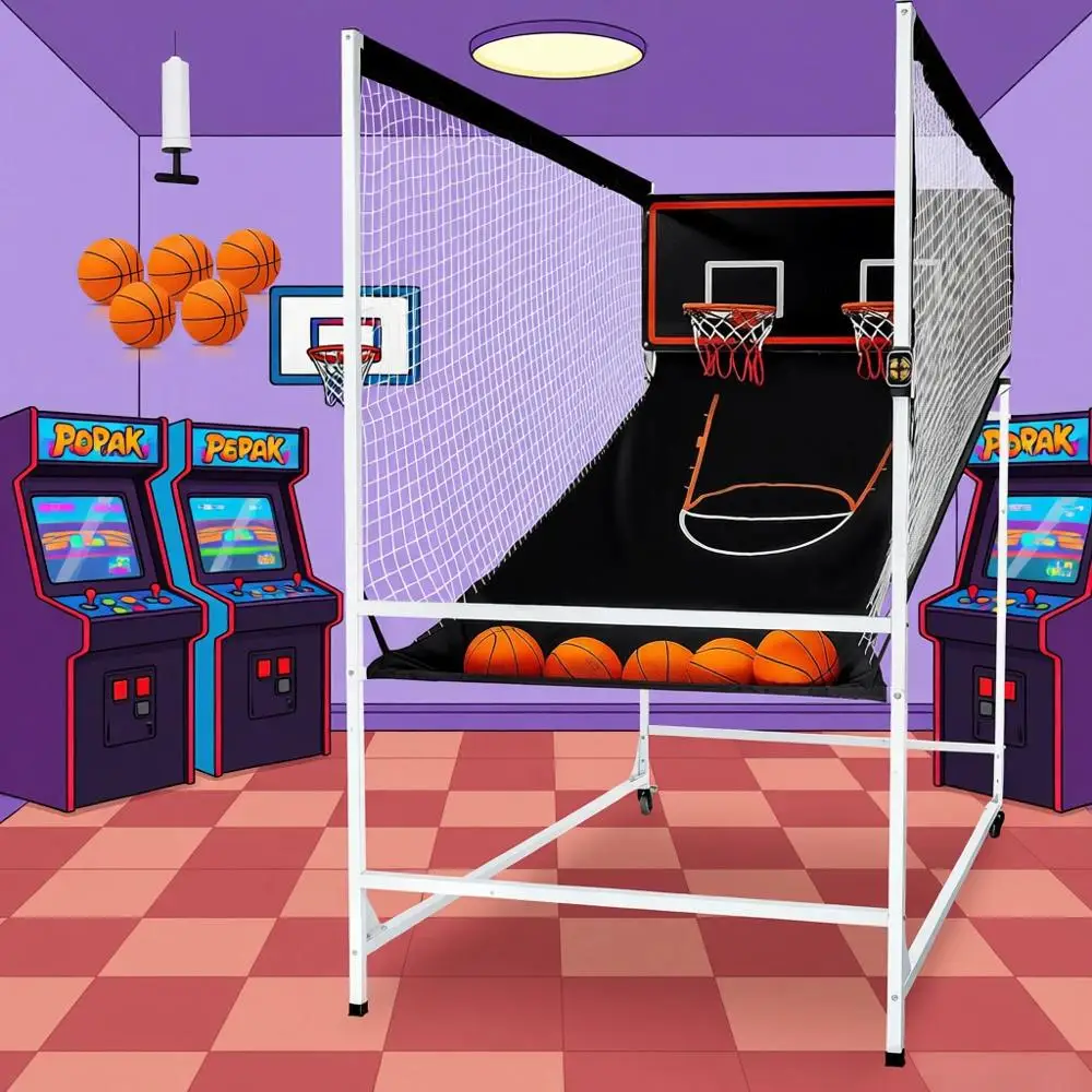 

XMSJArcade Cage Basketball Game, 2 Player Indoor Basketball Hoop Arcade Game, Home Dual Sport With 5 Balls, 8 Es, Eic Scoreboard