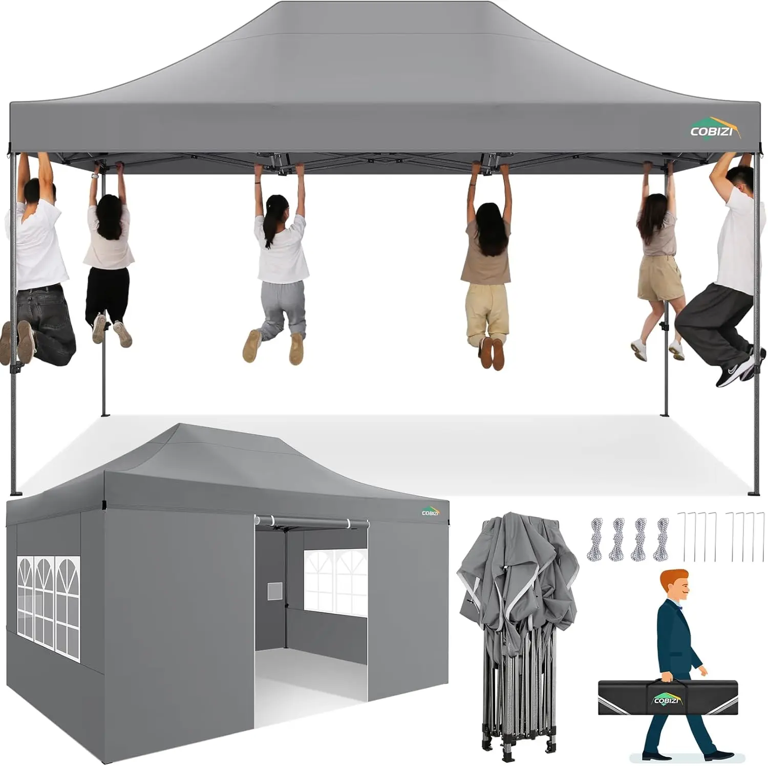 10x15 Heavy Duty Pop up Canopy for Parties, Backyard Event, Wedding, Gray, All Season Waterproof, with 4 Sidewalls and Carry Bag