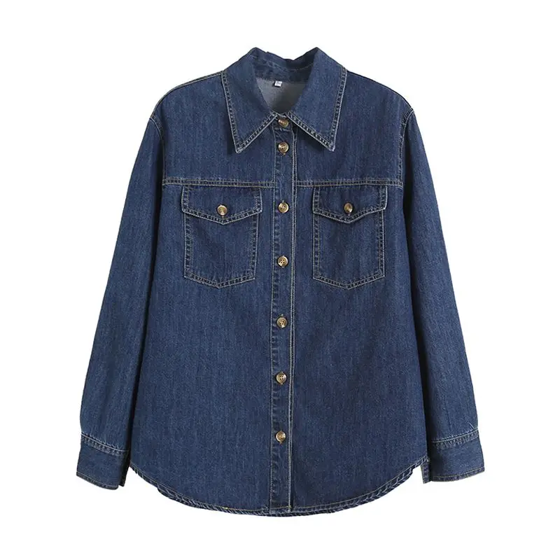 Fashion Women Denim Solid Single Breasted Blouse Vintage Lapel Neck Long Sleeve Female Chic Lady Shirts With Pockets