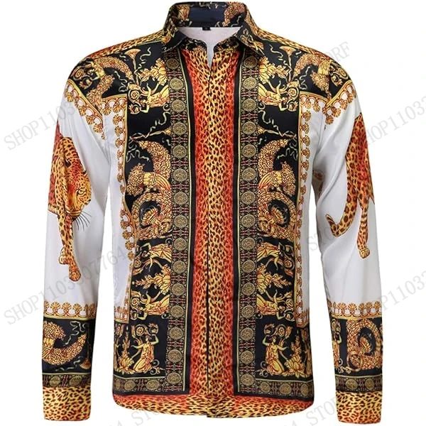 New Men's Leopard Long Sleeve Shirt Golden Ethnic Pattern 3D Print Shirt Men/Women Fashion Luxury Shirts European American Style