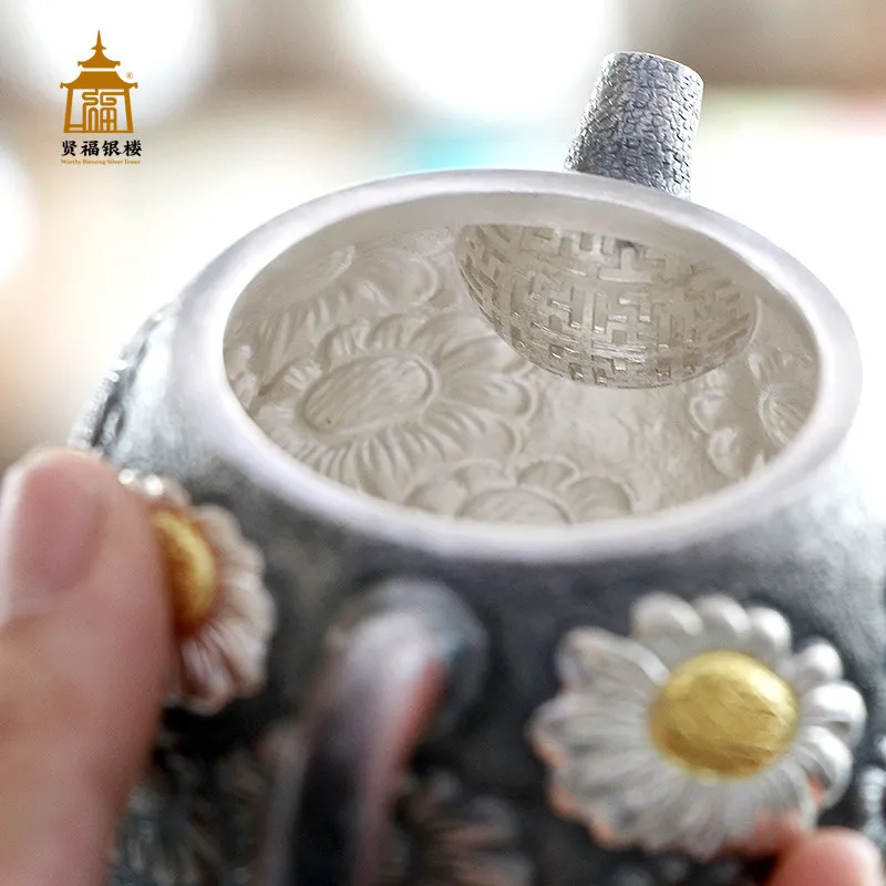 Suitable for Silver TeaKettle Foot Silver 999 Handmade Vintage Qin Quan Tea Kettle Gold Small Daisy SilverTea Household Fair Cup