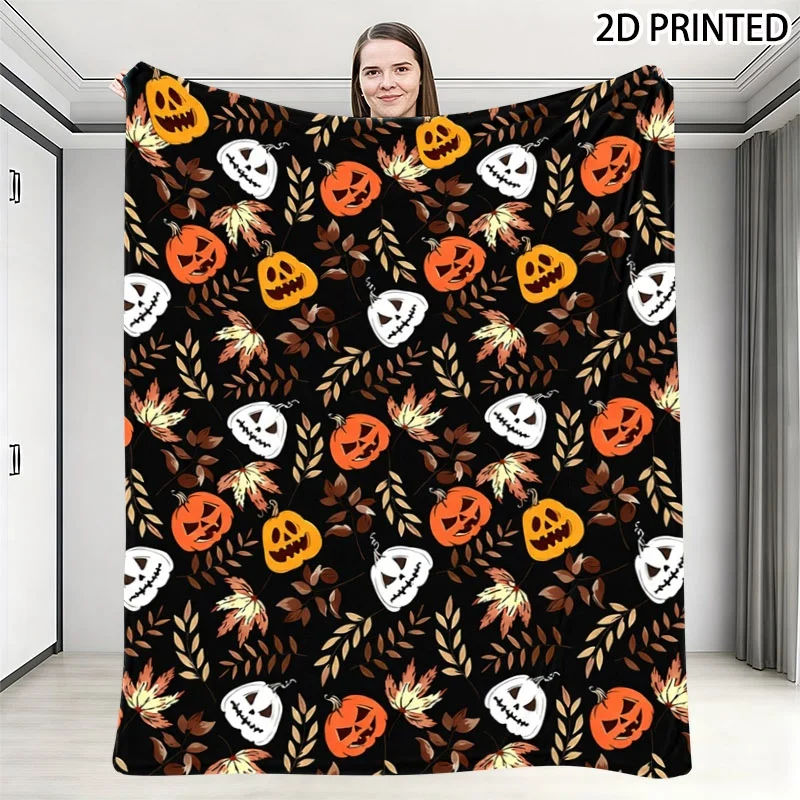 Halloween Themed Throw Blanket, Seamless Spooky Pumpkin And Autumn Leaves Pattern on Black Background, Multiple Specifications A