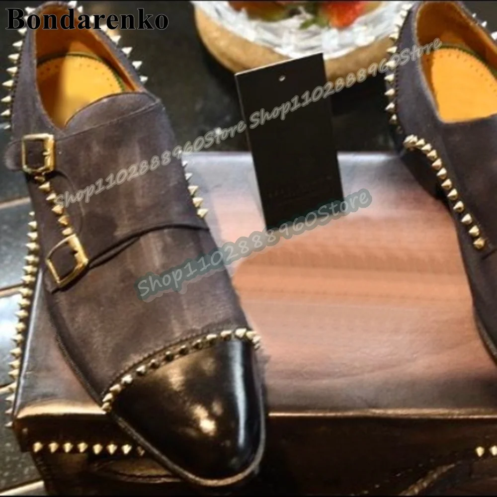

Black Leather Flock Splicing Rivets Buckle Strap Men Pumps Flats Shoes For Men Slip On Banquet Fashion Catwalk 2026 Men Pumps