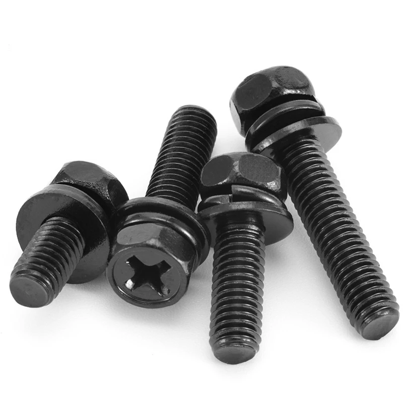 M3 M4 M5 M6 M8 Black 304 Stainless Steel External Hex Cross Recess Bolt Three Combination Screw With Flat Spring Washer