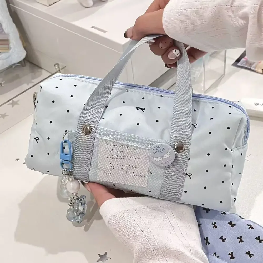 Tragbares blaues Polka-Dot-Federmäppchen, multifunktionale Schreibwarentasche mit Schleifenmuster, großes Fassungsvermögen, Schreibwarenbeutel, Geschenk für Studenten
