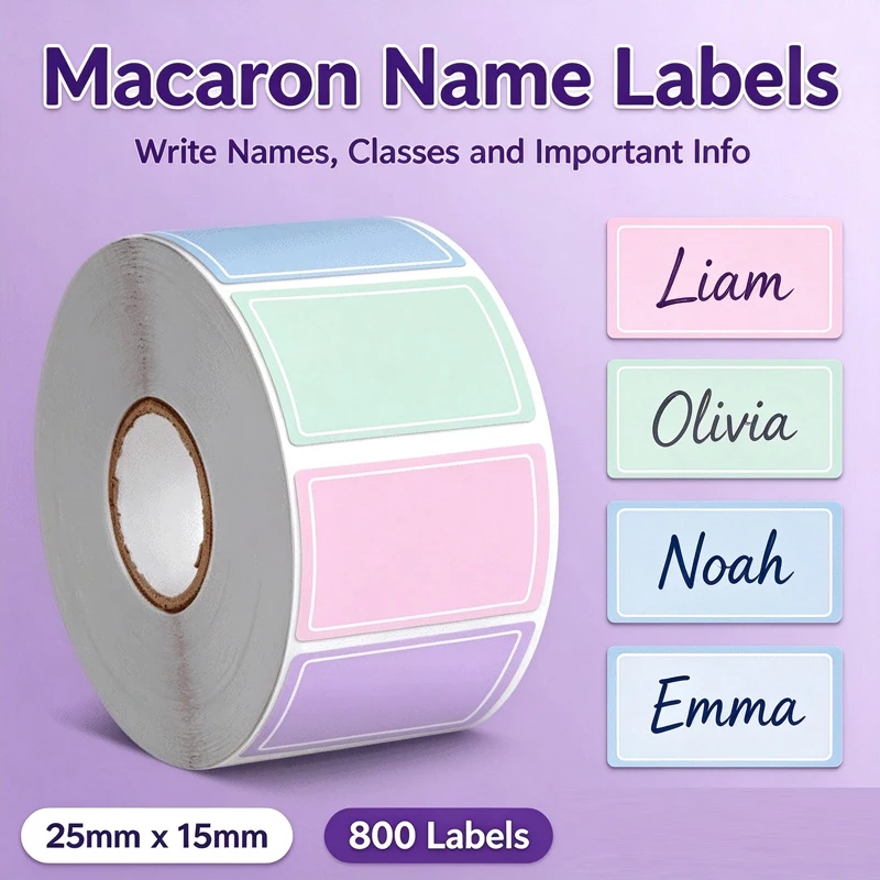 800Pcs/Roll Macaron Pastel Name Labels Self Adhesive Writable Name Tag Stickers for School Bottle Book Classification Stationery