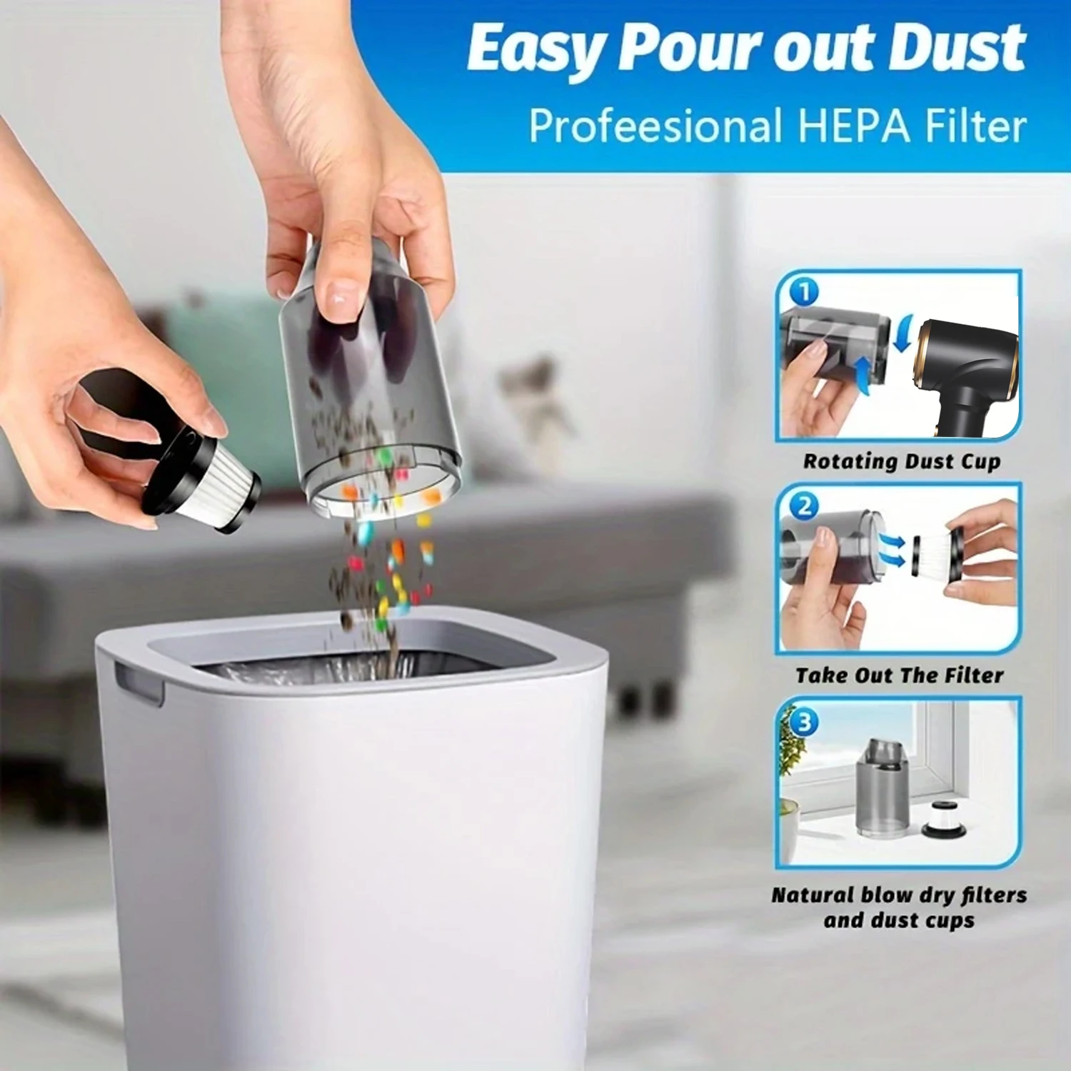 3-in-1 Cordless Handheld Vacuum Cleaner, Rechargeable Stick Vacuum with Cyclone Suction for PC Dust Removal, Car, Home & Office