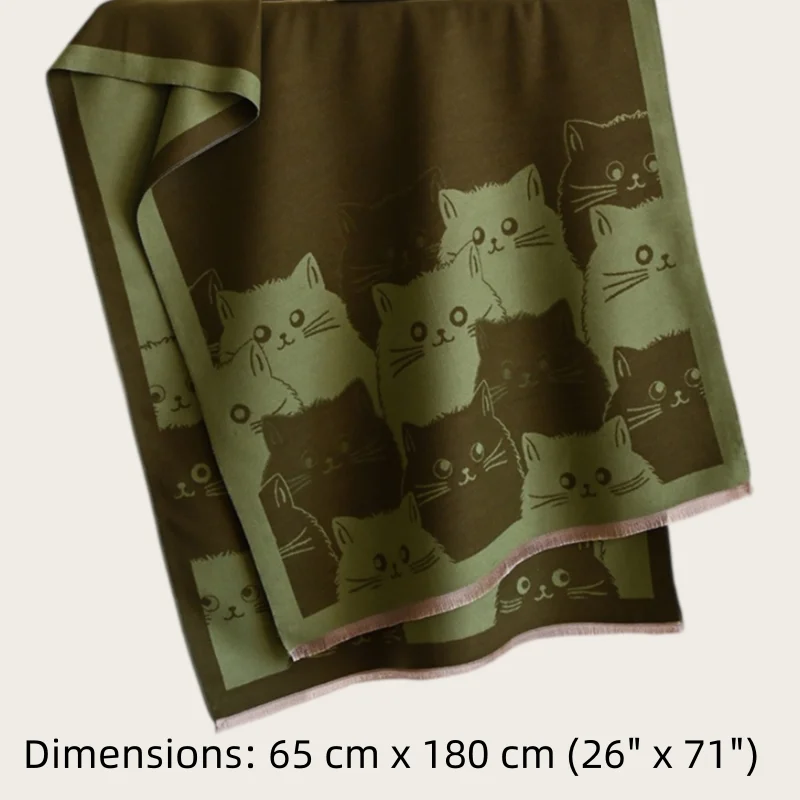 65x180cm 6 Colors Available Beige Cute Cat Pattern Scarf Women Korean Style Double sided Warm Shawl Tassels Soft Winter Wrap