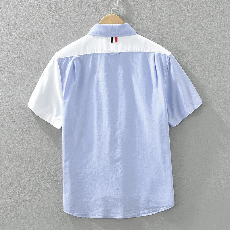 8027 Summer Color Matching Blue White Fresh Style Youth Short Sleeve Shirts For Man Casual Lapel Simple Comfortable Cotton Tops