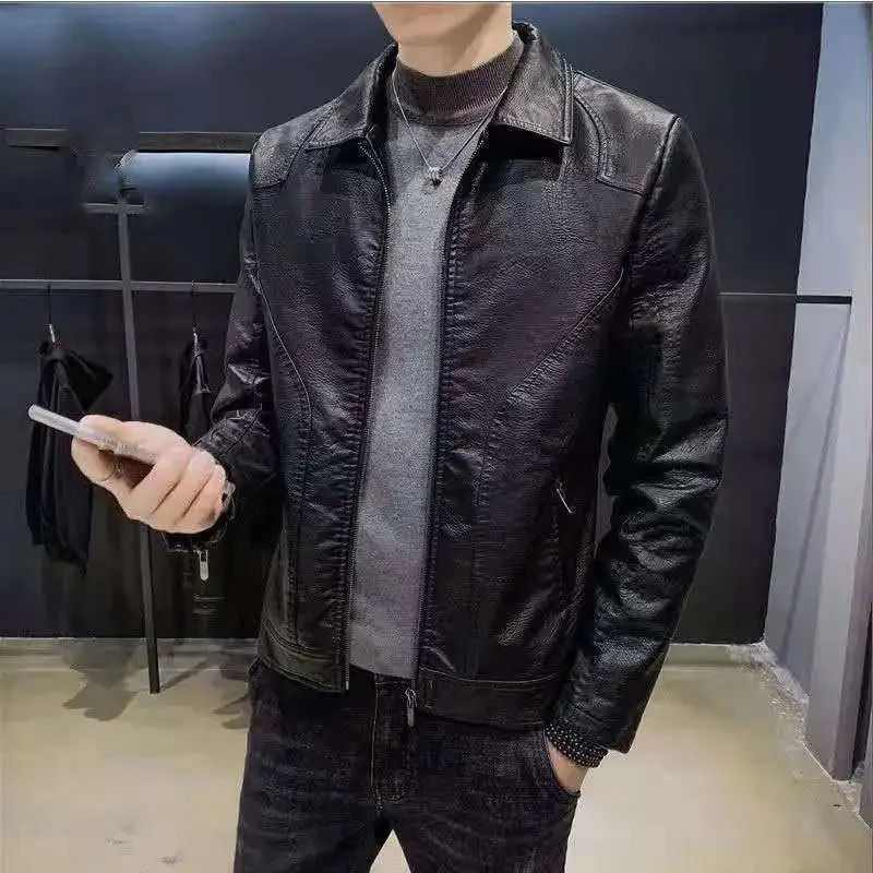 2023 Autumn Winter New Fashionable Large Size Coat Men Fleece-Lined Thickened Korean Style Slim Fit Leather Jacket