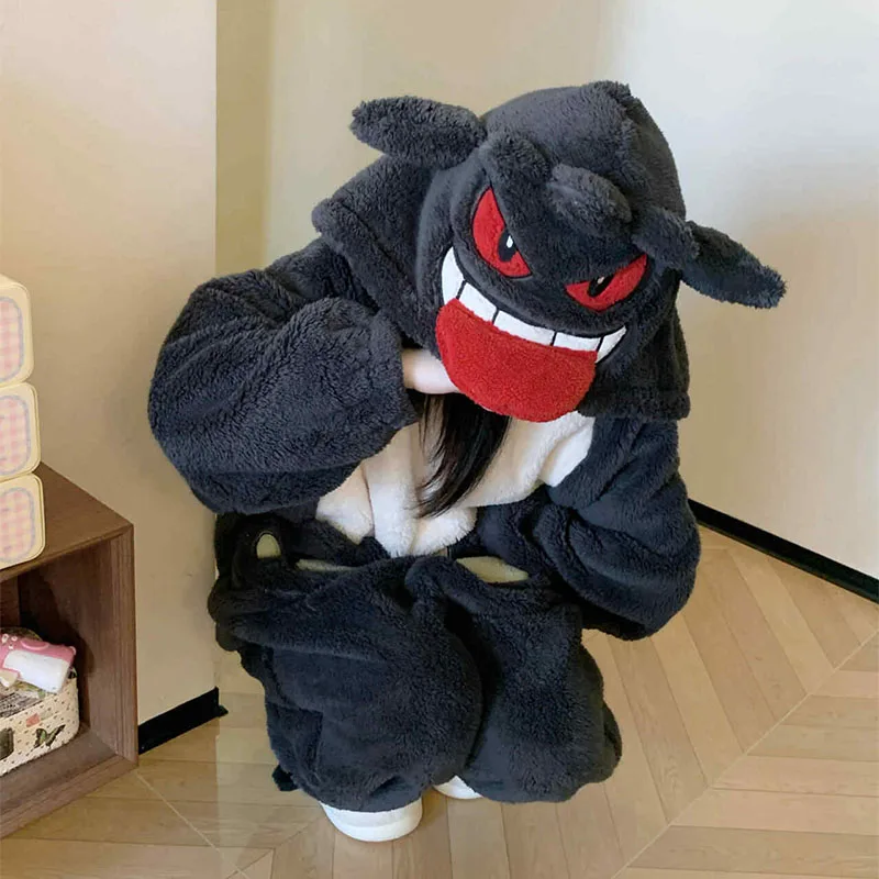 

Anime Cartoon Pokemon Gengar Thick Flannel Jumpsuit Pajamas Winter Warm Women's Coral Velvet Home Clothing Festival Gift