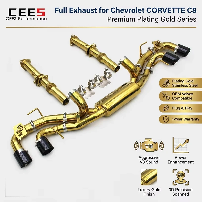 CEES Plating Gold Stainless Steel Catback Exhaust for Chevrolet CORVETTE C8 2019-2025 Downpipe Exhaust Muffler Free Flow Pipe
