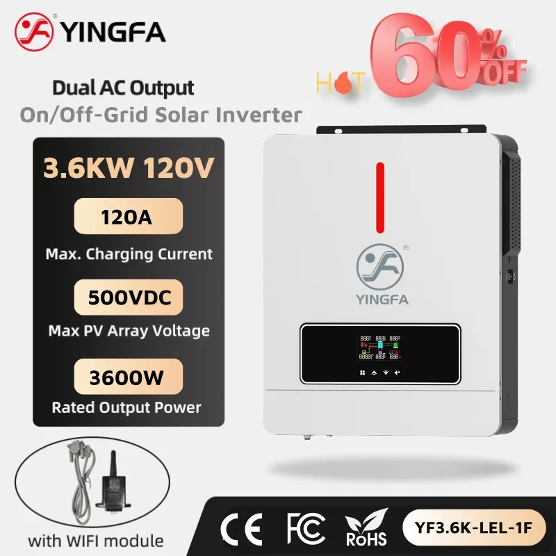 YINGFA 3.6kw on/off Grid Hybrid Power Inverter,Dual Output,Work with Or Without Battery,Pure Sine Wave,Home Use，Solar Solution