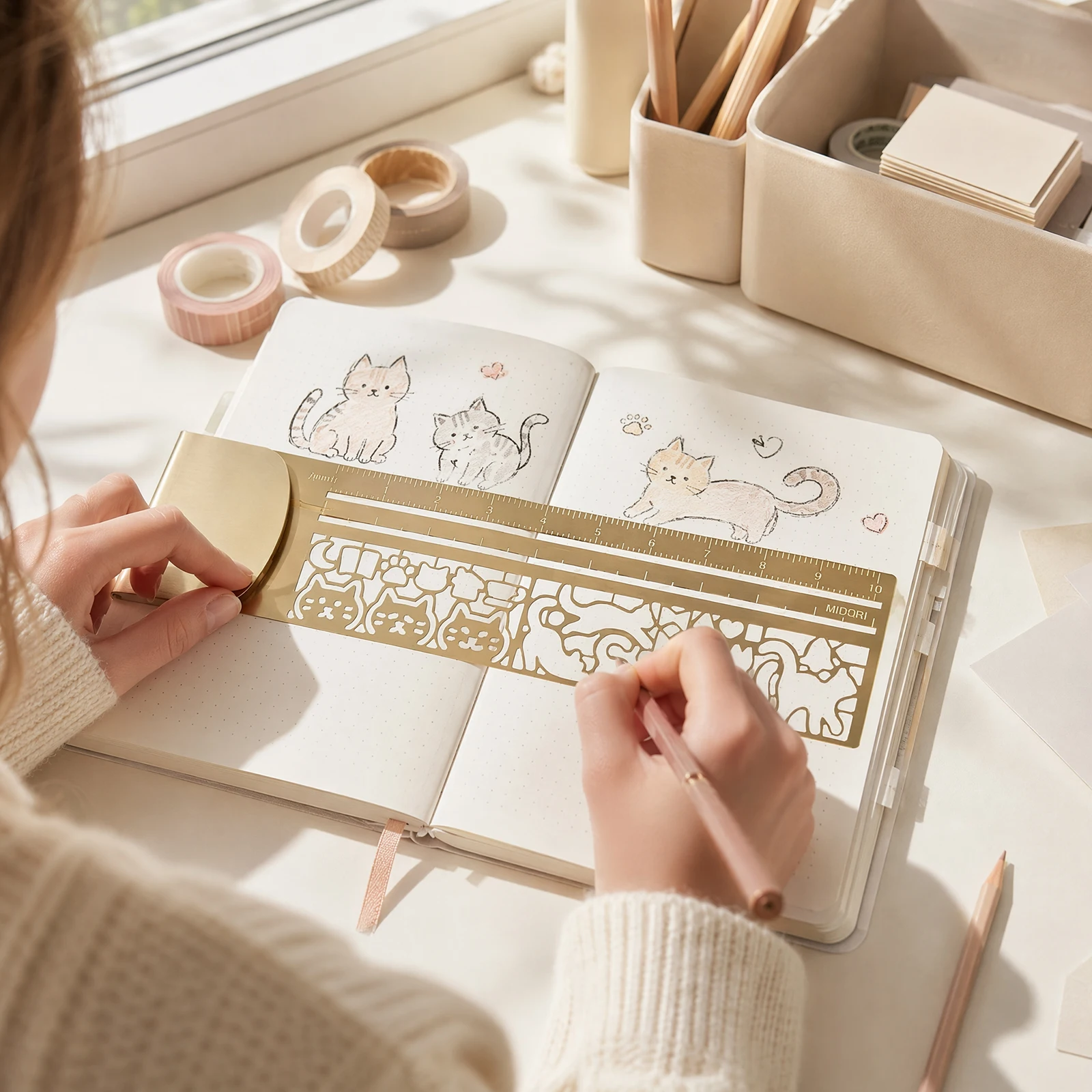 Cat Drawing Template Brass Bookmark Ruler 2 in 1 Hollow Stencil for Journal Planner Notebook 10cm