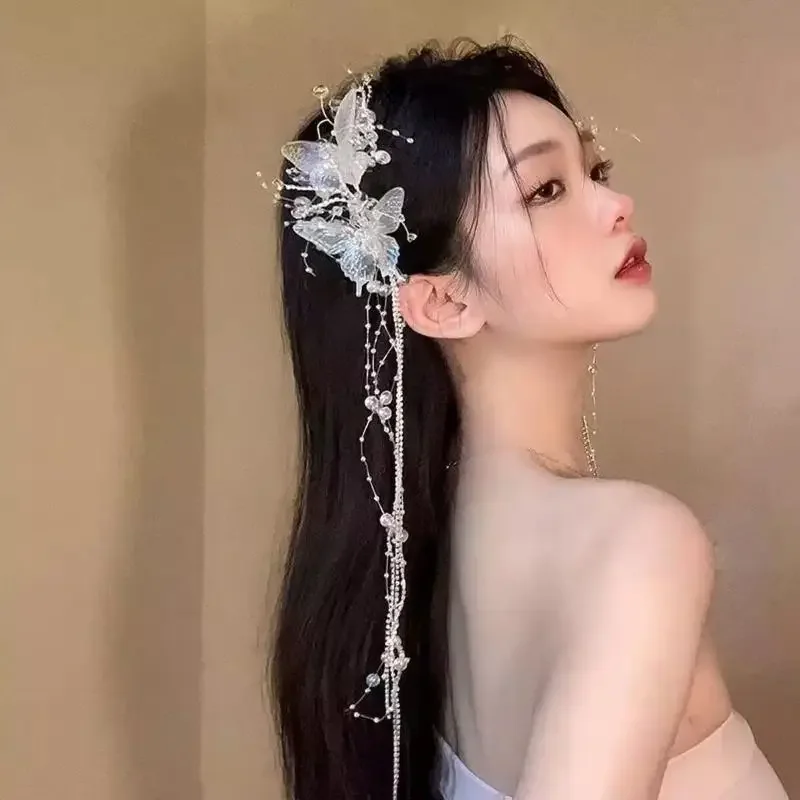 Fee temperament lange vlinder haarclip - kralen kwastje ontwerp |   Zoete prinsesstijl, mode bruid haarspeldaccessoire