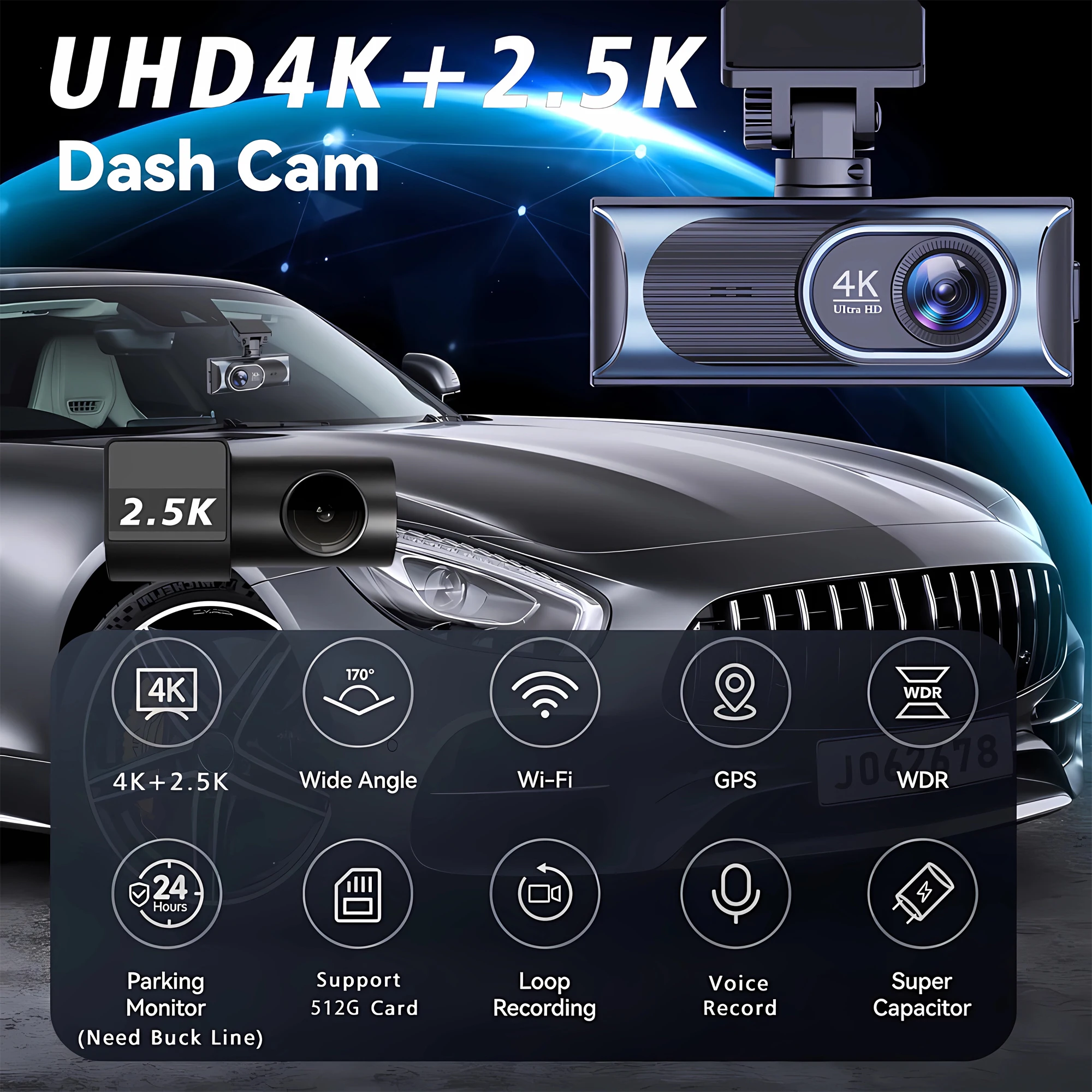4K WIFI Dash Cam GPS 2160P Car DVR Front and 2.5K Rear Dual Lens Auto Car Camera  Night Vision G-Sensor 24H Parking Black Box