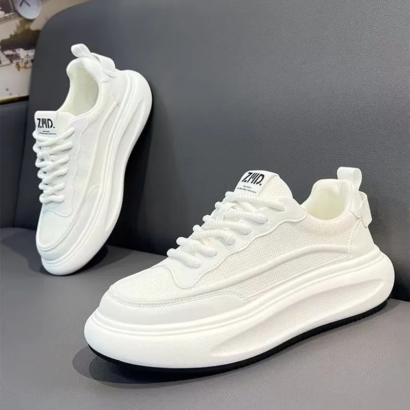 Men's Comfortable Breathable Low-Top Thick-Heeled Casual Shoes Fashionable All-Match Flat Footwear Korean Style Round Toe Shoes