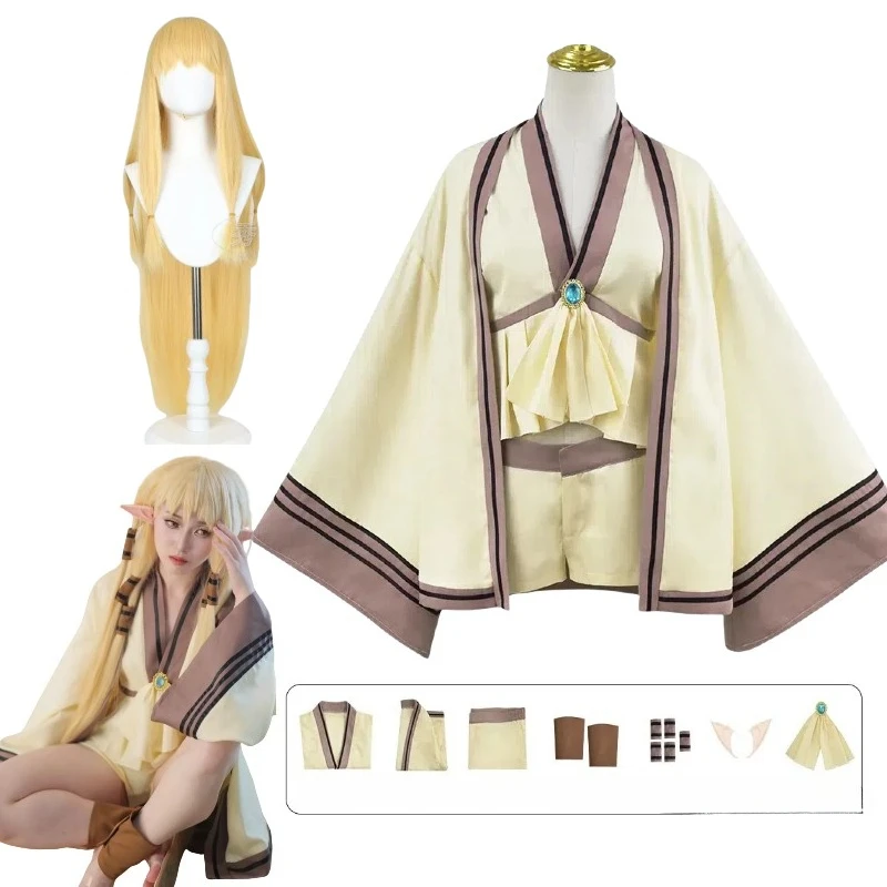 

Anime Serie Great Magician Cosplay Frieren Costume Yellow Clothes Wig Jingling Erduo Hair Accessories Full Set Women Suit