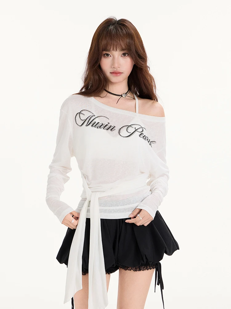 

Оригинальная женская летняя легкая приталенная футболка Nuxin с длинным рукавом и простым буквенным принтом, милый топ с обычным рукавом