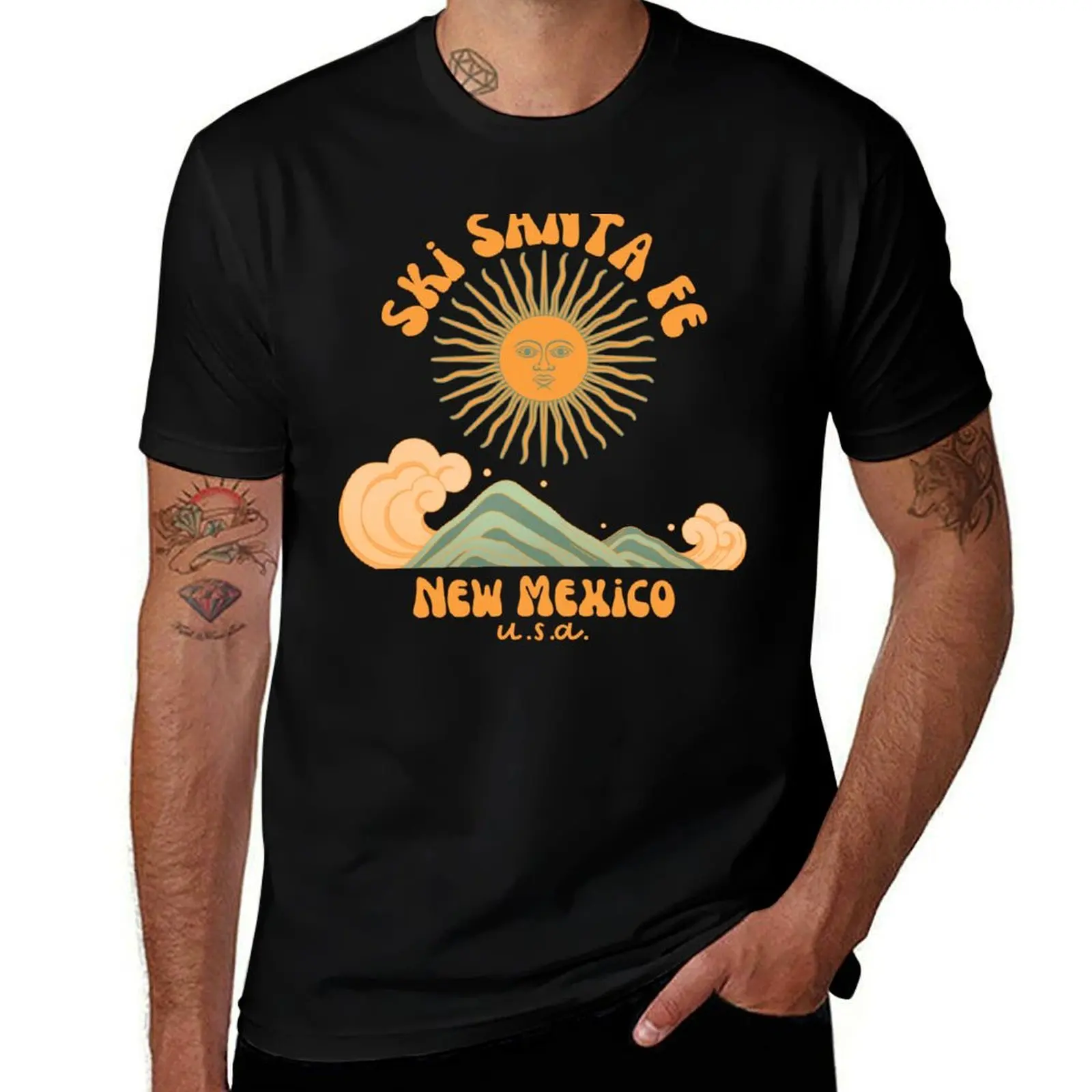 Retro Sixties Ski Santa Fe, New Mexico, Orange Text- Retro Skiing / Vintage Skiing T-Shirt funny t shirts cotton T-Shirt