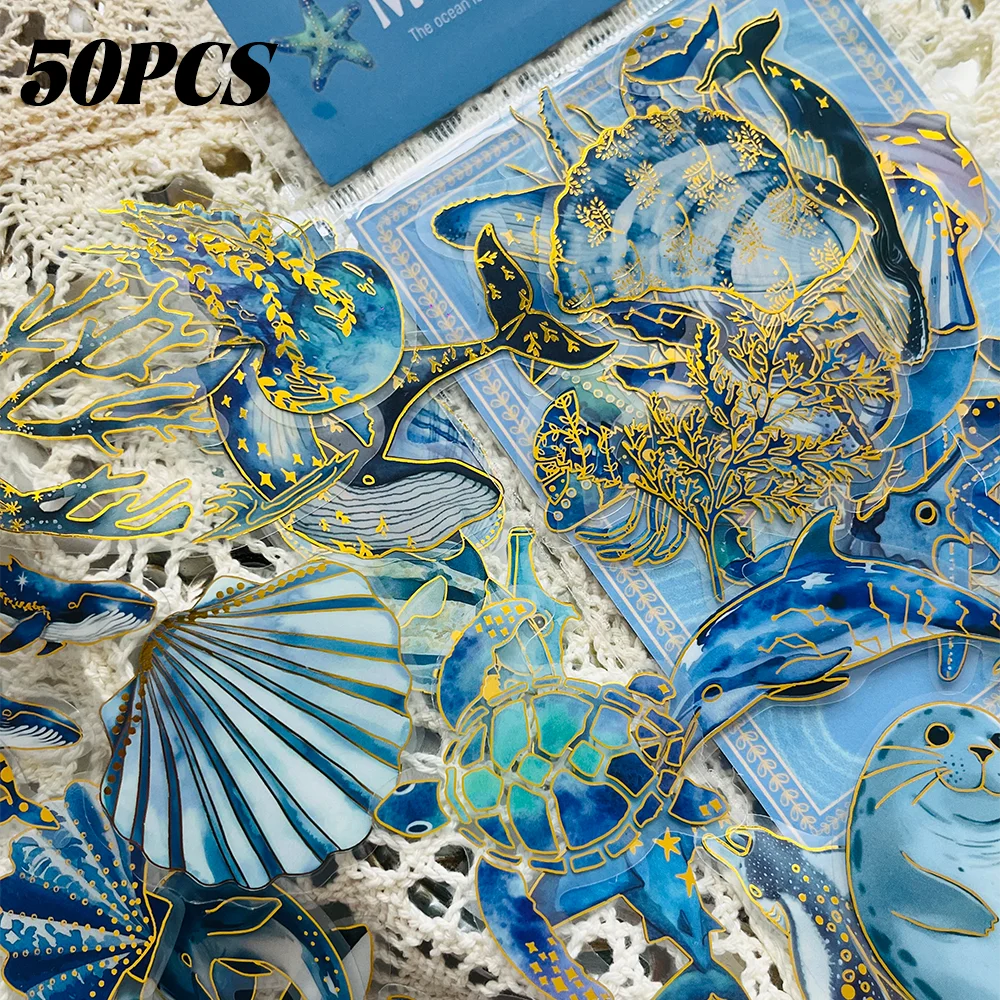 50pcs Marine Creature Stickers with Gold Foil Accents Notebook Scrapbook Journal Decorations Water Bottle Guitar DIY Decals image 5