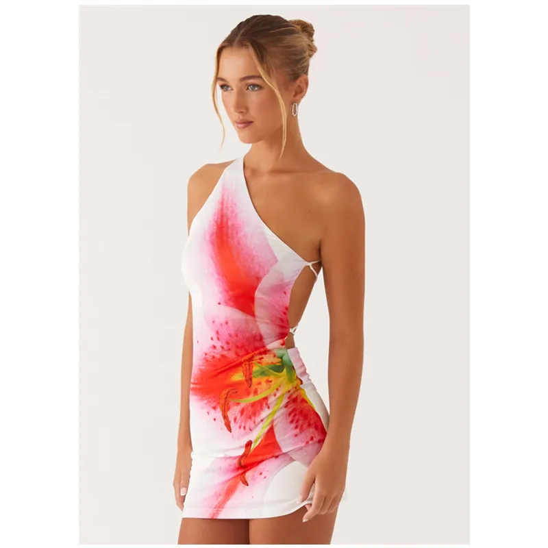 فستان نسائي قصير مزين بالزهور فستان صيفي قصير ضيق للحفلات والعطلات بدون ظهر غير متماثل بكتف واحد